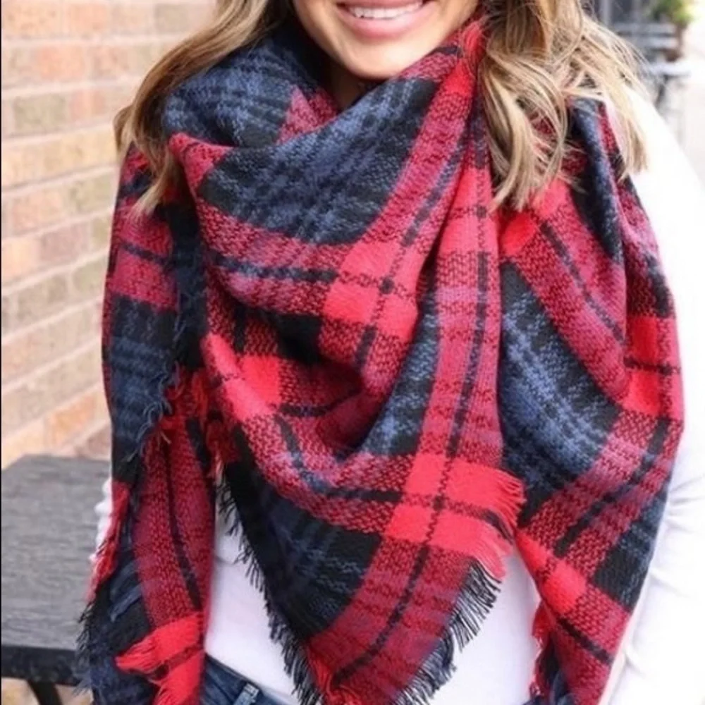 Red, blue & black flannel oversized blanket scarf